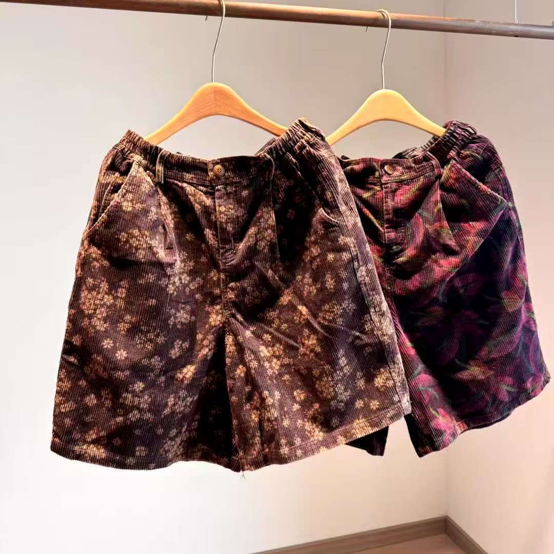 忆古朴拙250230印花坑条后口袋不规则休闲文艺复古5分裤