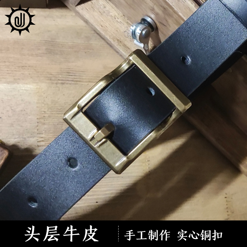 手工定制皮带男头层牛皮美鞍植鞣革男士真皮针扣腰带铜扣黑色裤带