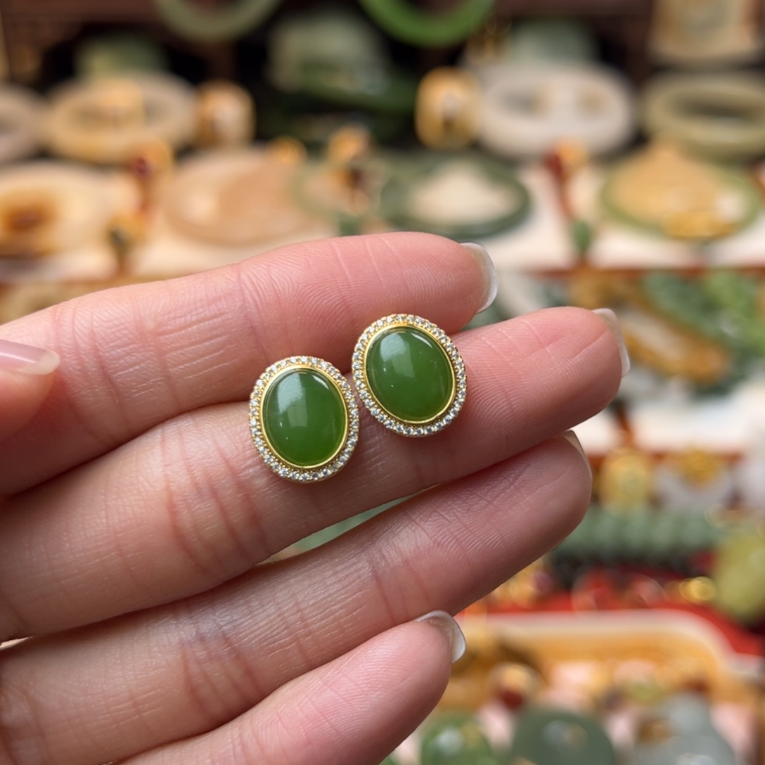 和田玉耳饰银S925镶嵌