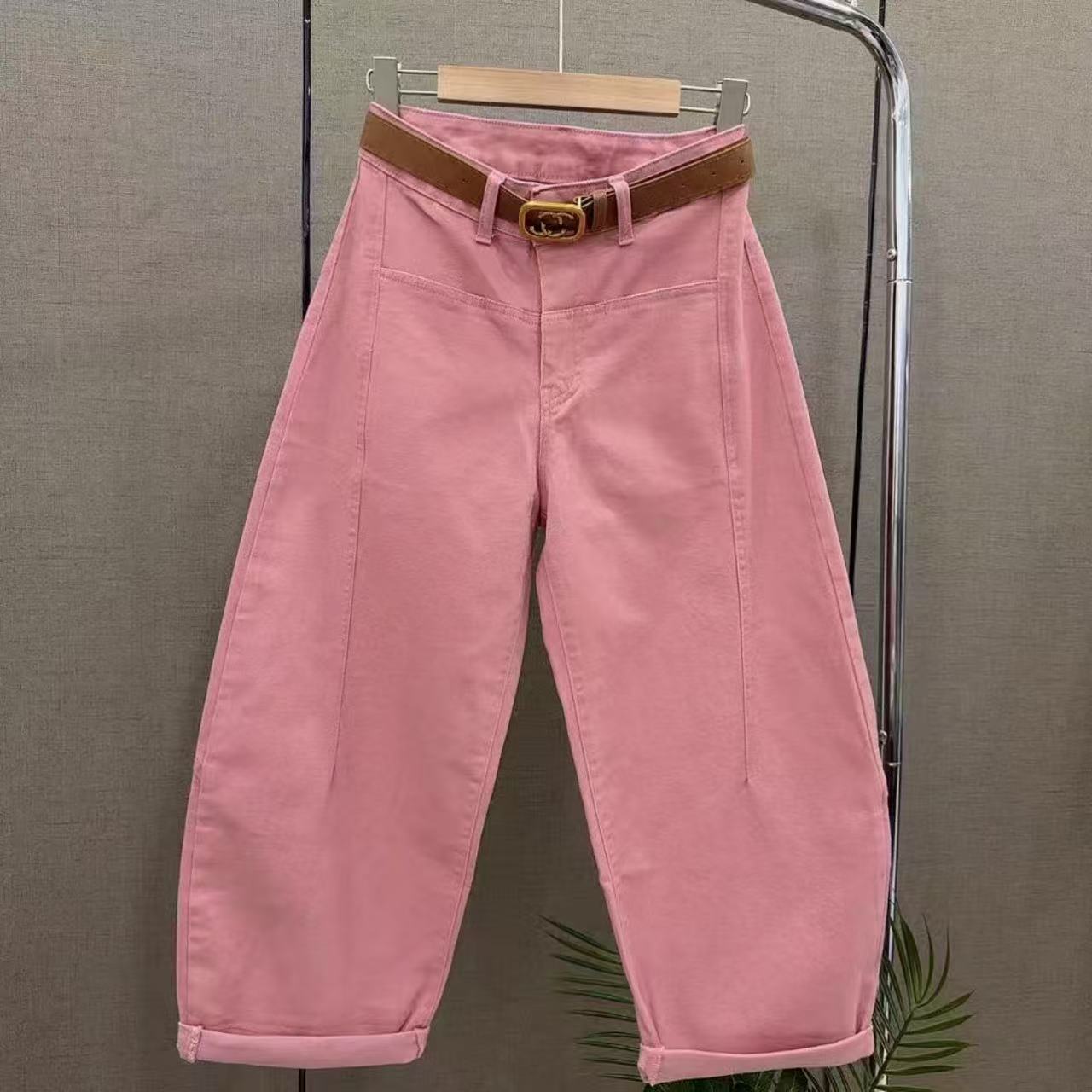 2025年牛仔裤春季新款休闲宽松高腰显瘦粉色老爹弯刀哈伦九分