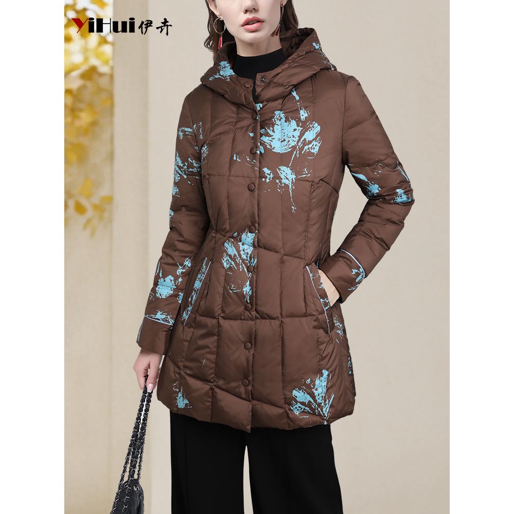 YIHUI伊卉印花羽绒服女冬季连帽中长款加厚时尚羽绒外套WH257232