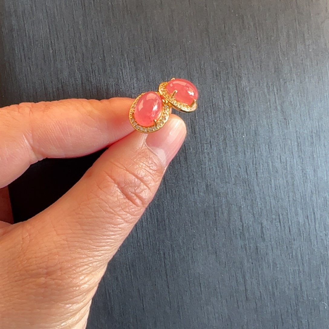 银S925镶嵌菱锰矿（红纹石）耳钉