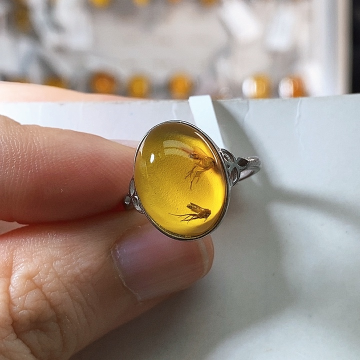 定制琥珀银S925镶嵌虫珀戒指2只虫