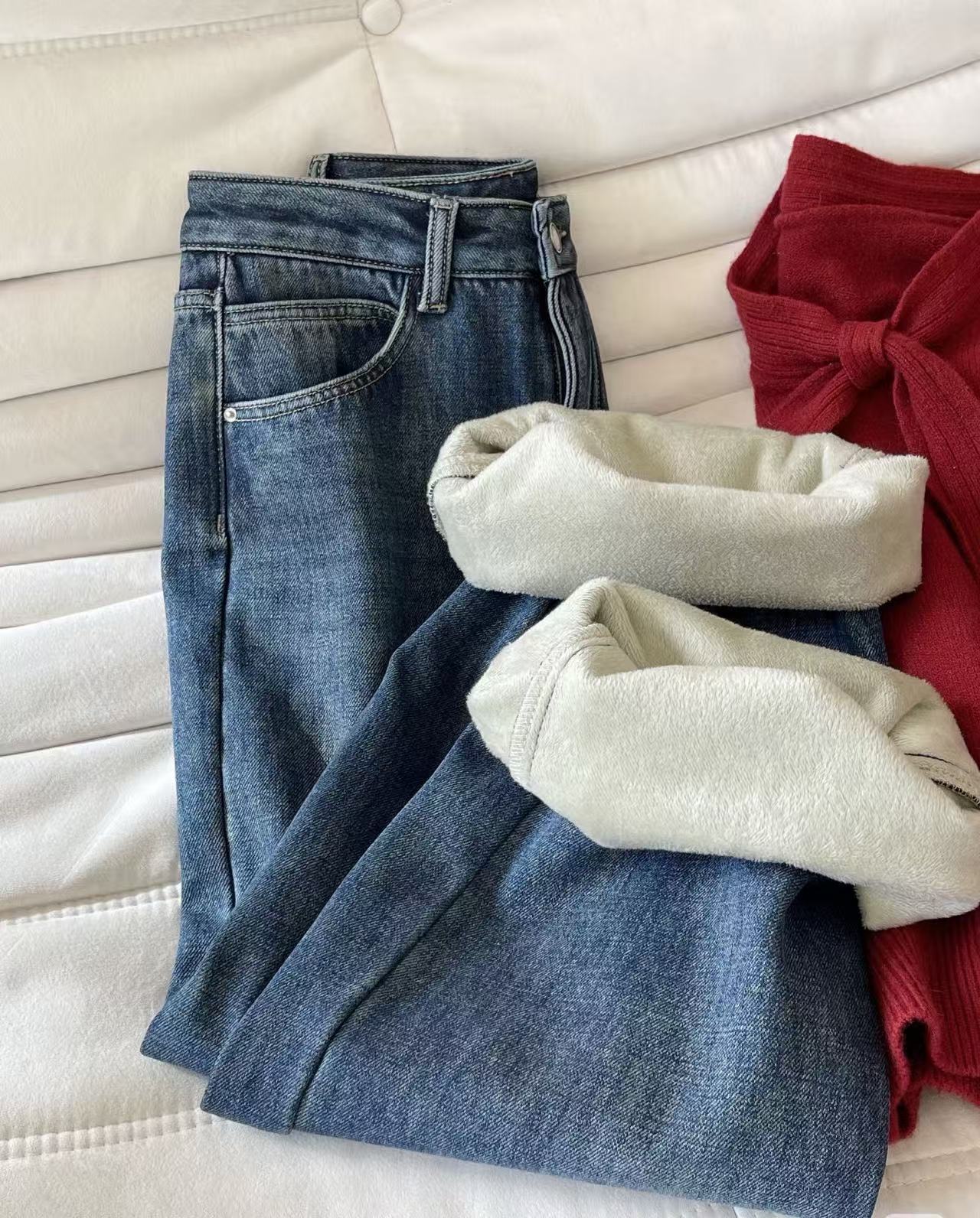 秋冬新款休闲显瘦直筒高腰牛仔毛呢休闲裤时尚弹力韩系穿搭