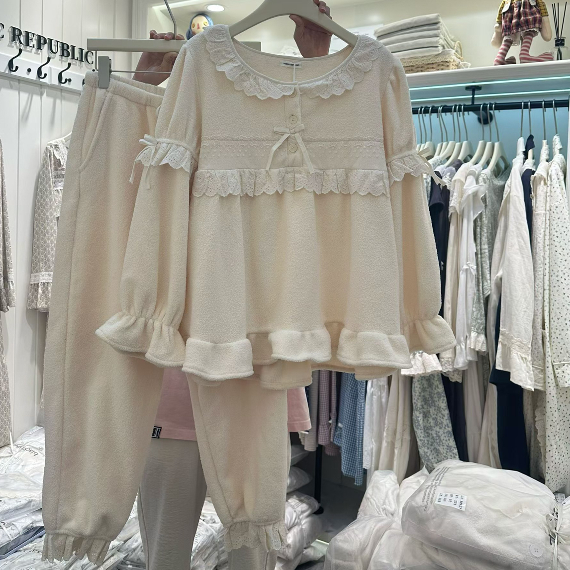 LL晚柠家『甜梦时光』韩版蕾丝拼接甜美风秋冬宽松家居服两件套装