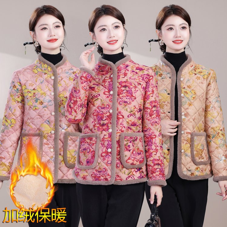 2025爆款新中式棉衣中老年女装妈妈装加绒加厚立领秋冬装花色棉袄