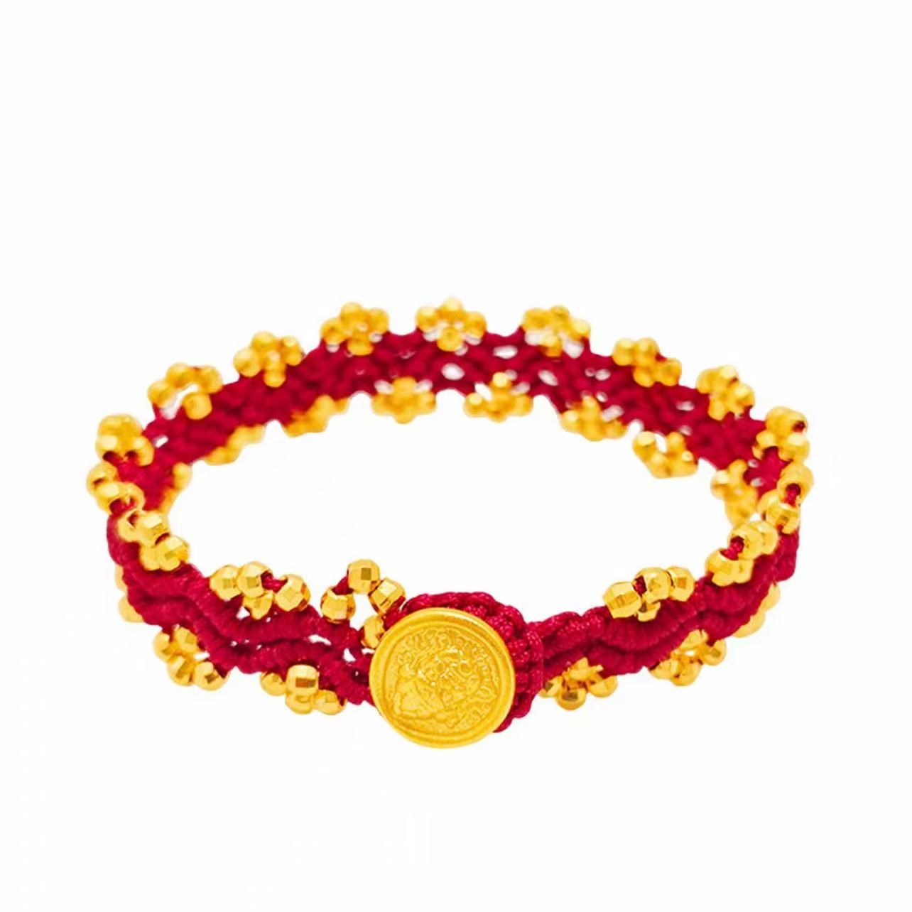 铜合金布艺手链 新中式红绳蕾丝波浪黄财神手链