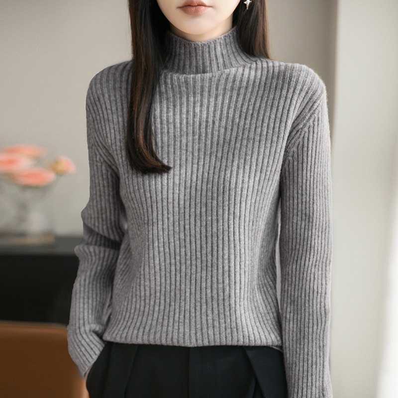 休闲风针织可机洗女秋冬针织打底衫套头时尚100羊毛衫女士半高领