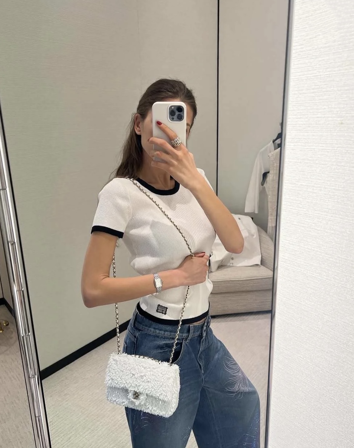 「长芯」时尚百搭25S早春撞色弹力修身显瘦短袖针织衫 YZ24K01083