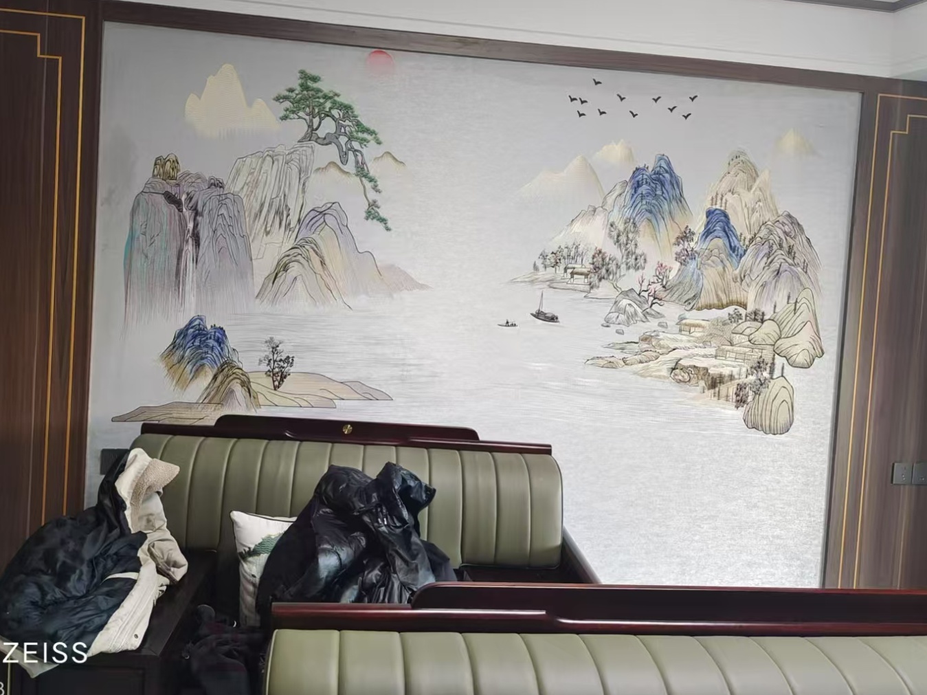 独绣刺绣沙发背景墙电视床头壁布墙布玄关背景新中式山水溪山隐秀