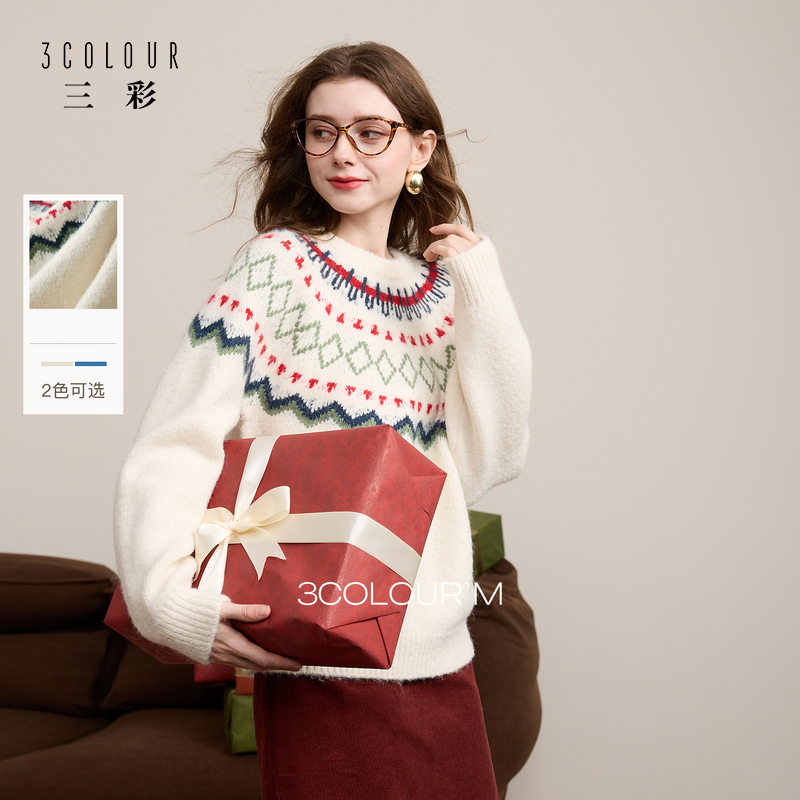 三彩2025冬季新款费尔岛复古提花针织衫圆领长袖毛衫宽松简约M