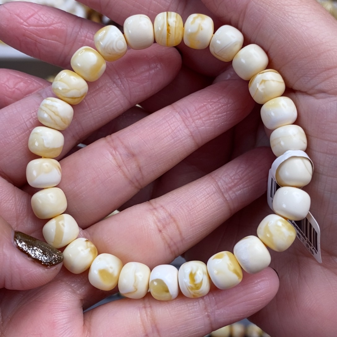 琥珀裸石未镶嵌金瓷白老型手串9.7