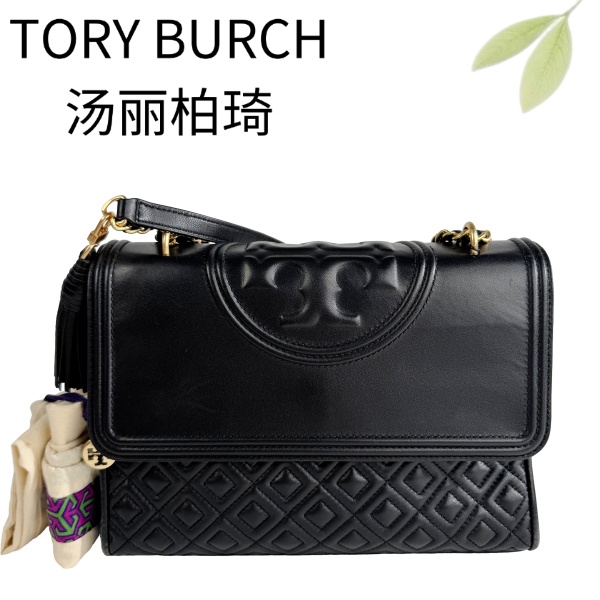 95新 TORY BURCH/汤丽柏琦 黑金浮雕流苏单肩包G25117070底27X20