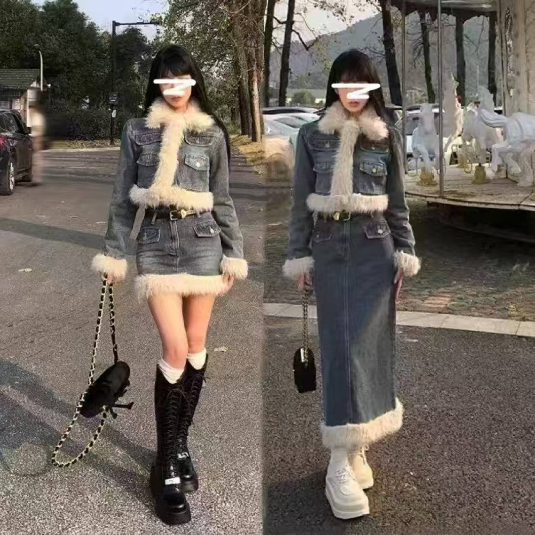 【安心推荐】复古美拉德毛领牛仔外套女冬显瘦短裙奶系穿搭两件套装