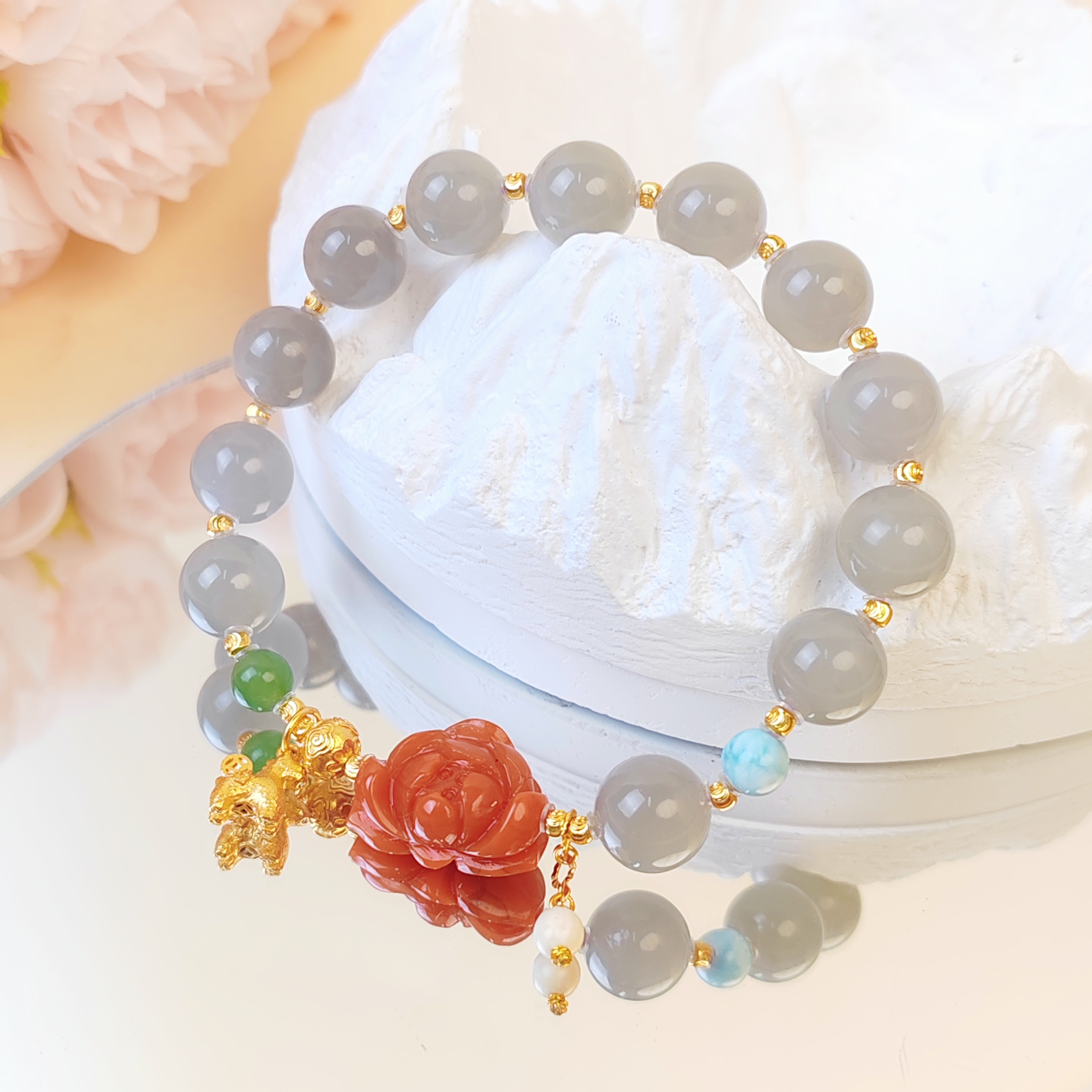 【醉玉环】冰烟紫10mm花花设计猛犸手作手串（多样性发其一）