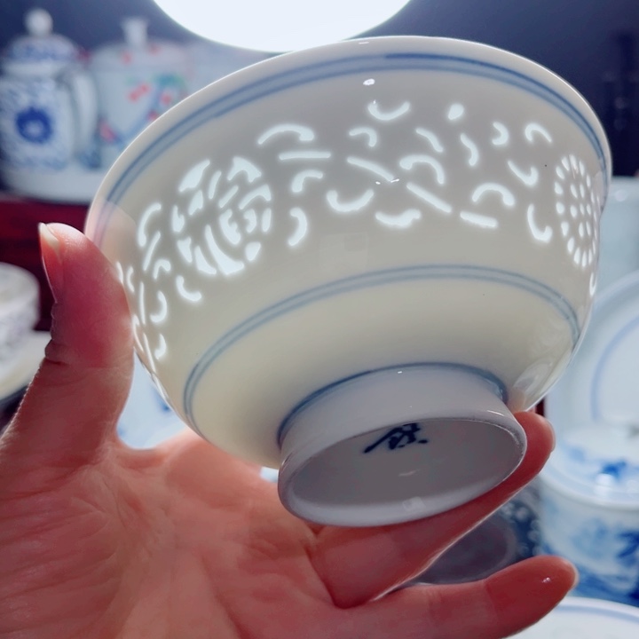 青花玲珑4.75寸小饭碗满雕双福双线