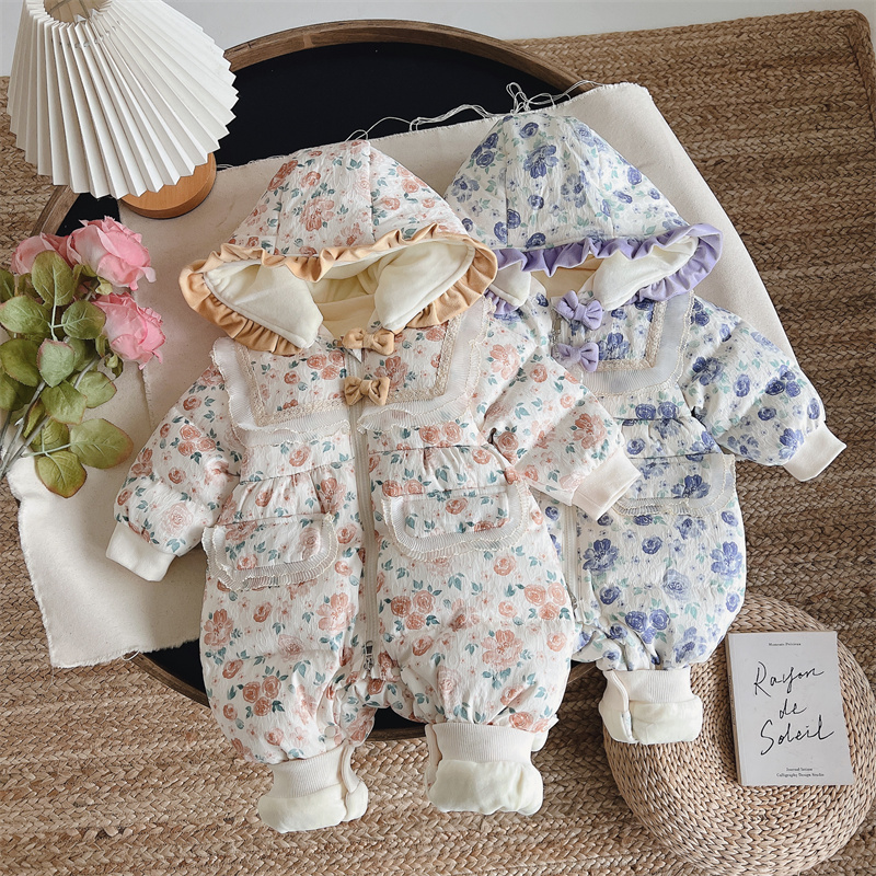 婴幼儿加绒加厚白鸭绒羽绒服哈衣连体衣冬季连帽婴儿碎花儿童6808