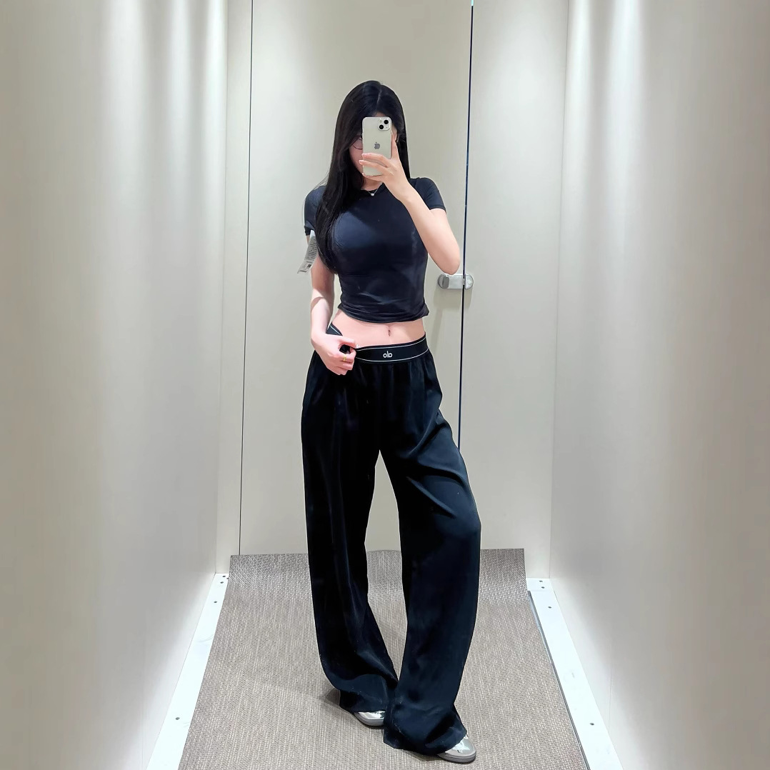 Alo速干运动阔腿裤反光腿标休闲宽松直筒长裤春夏轻薄新款女显瘦