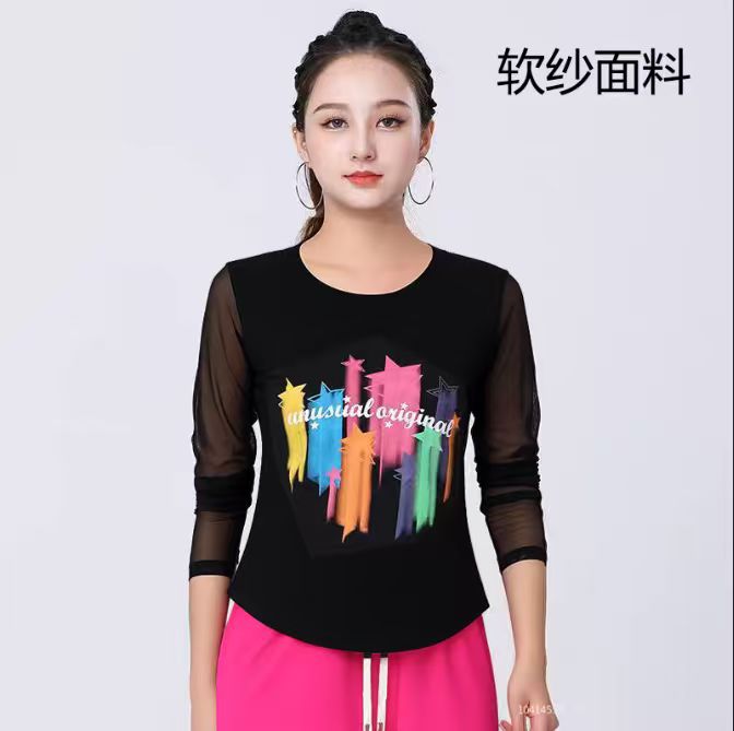 2025春秋新款七彩印花长袖广场舞上衣女士运动健身跳舞软纱T恤