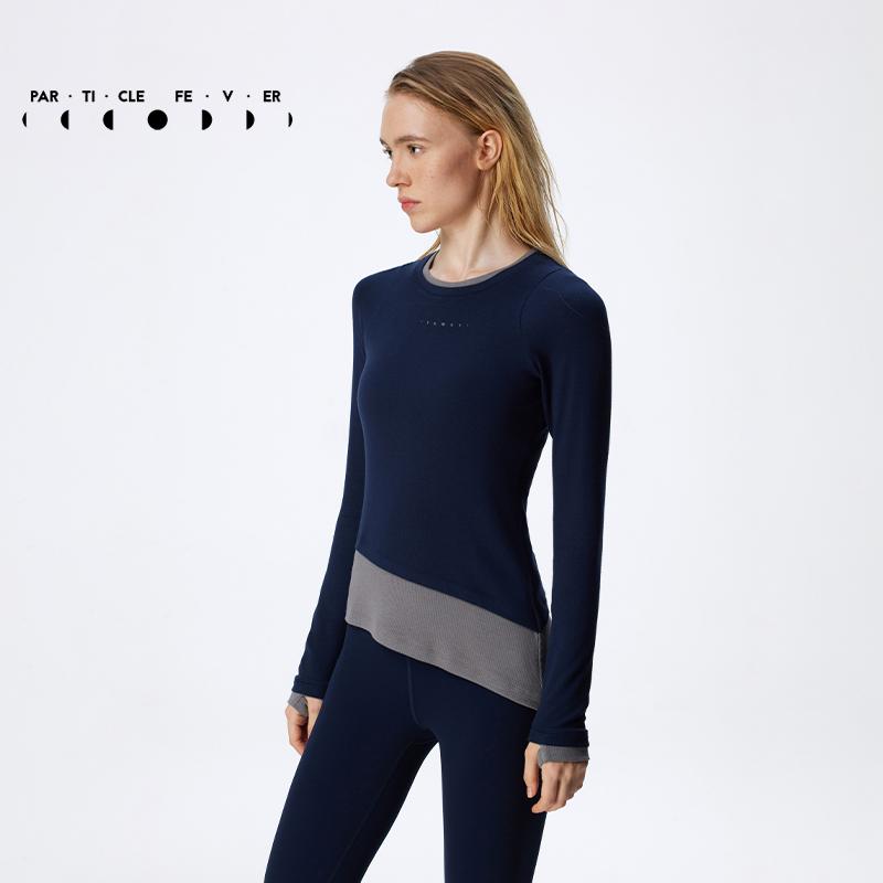 PF莫代尔螺纹斜下摆运动长袖复古撞色假两件修身T恤粒子狂热TP071