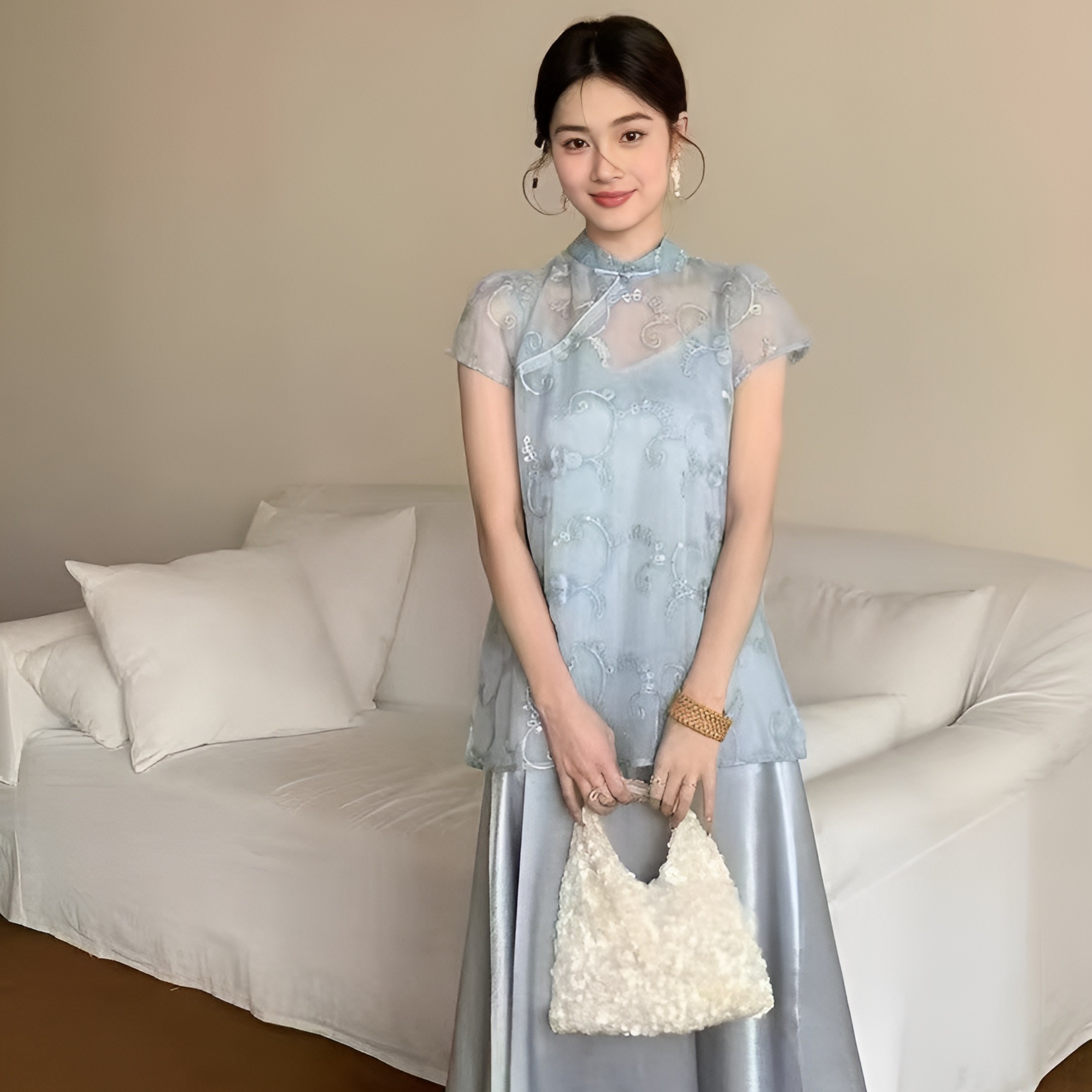 9776新中式国风提花吊带缎面连衣裙2025夏季新款蕾丝气质通勤服饰