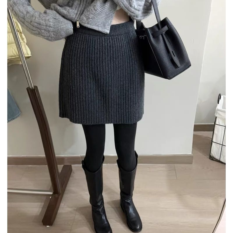 坑条针织短裙88881灰色