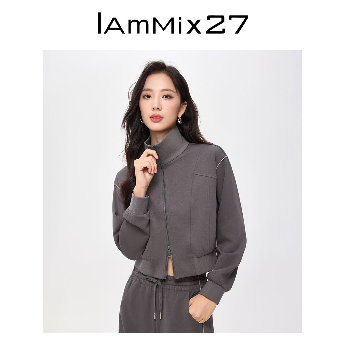 Iammix27春季新款休闲立领解构型拼接简约落肩短款上衣M5A3108