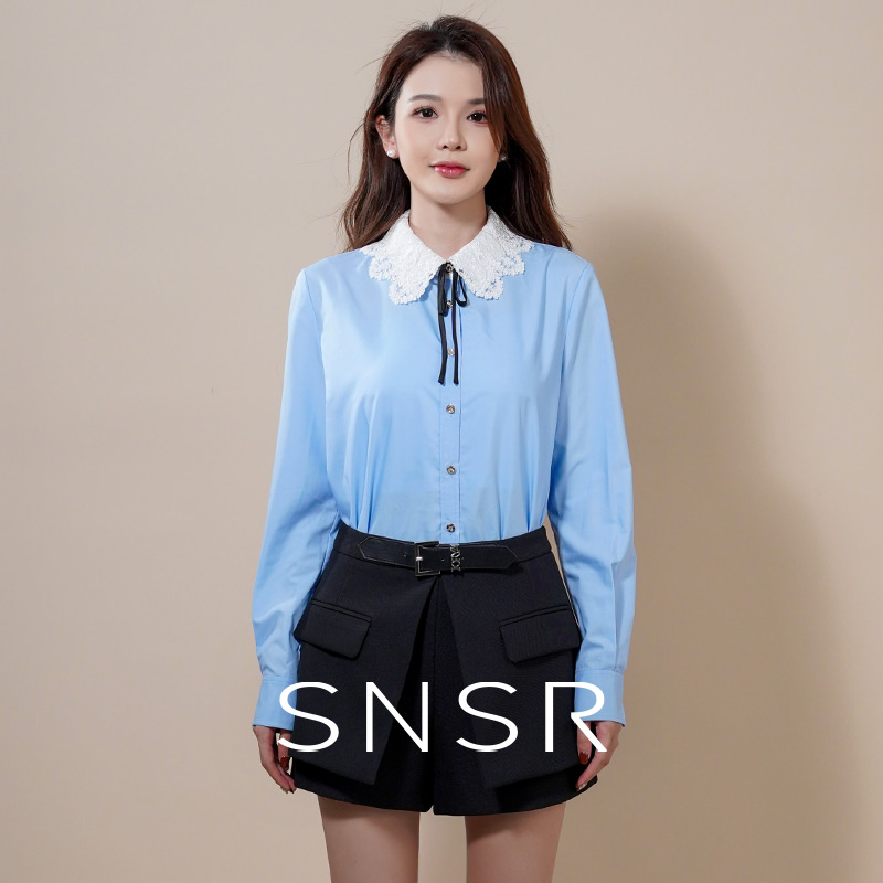 SNSR/圣妮思25秋季新款polo领蕾丝蝴蝶结长袖衬衫251A001CS234