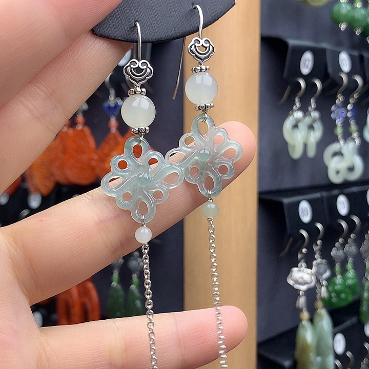 翡翠耳饰银S925镶嵌5555