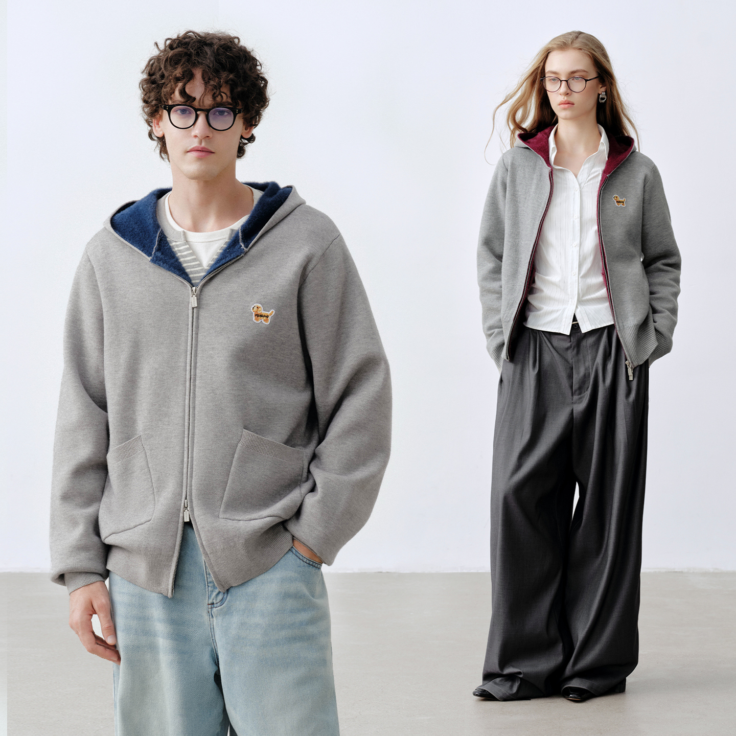 PSO Brand座山雕刺绣小狗连帽开衫男装女装运动针织毛衣MMY149