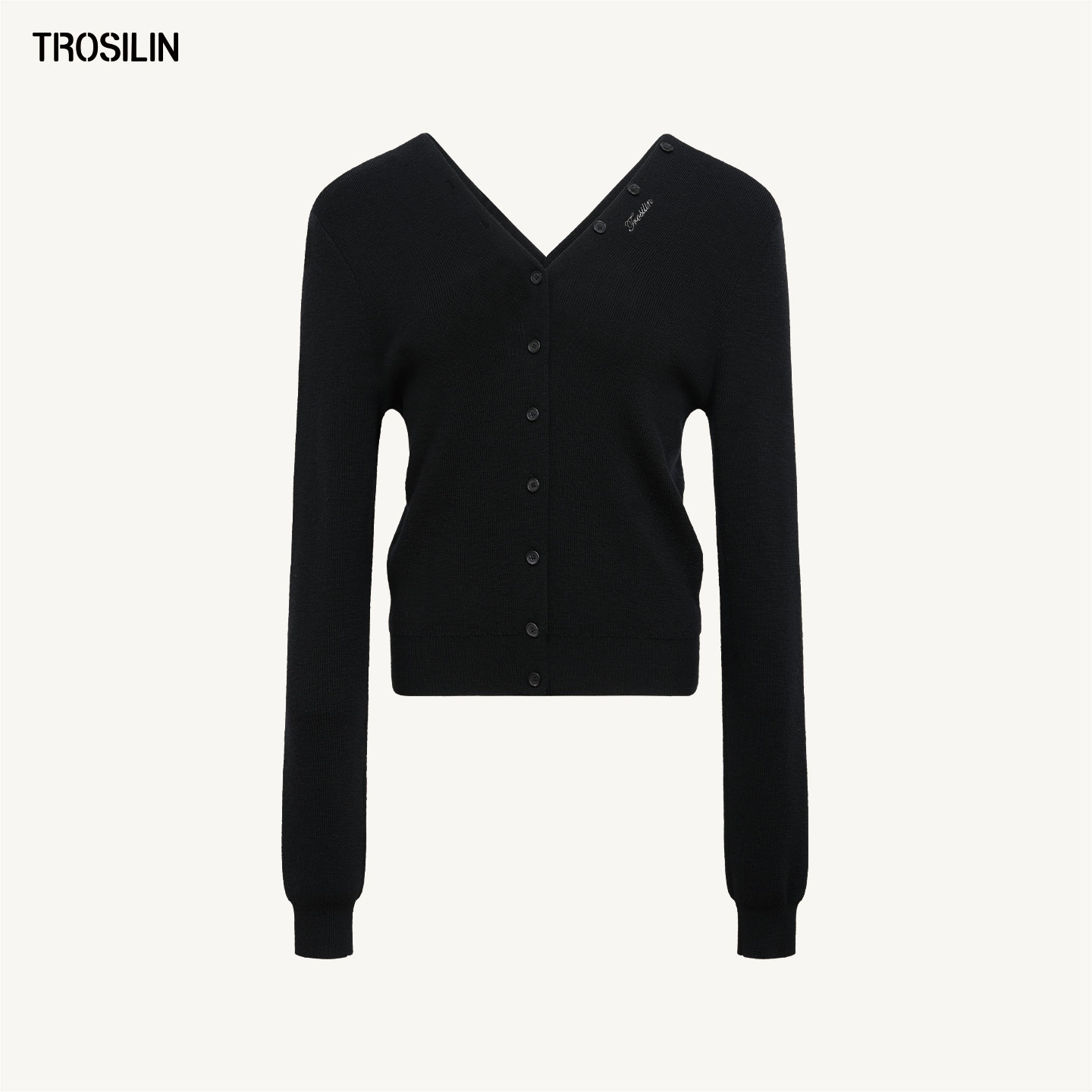 TROSILIN25秋冬 羊毛V领毛织开衫时尚气质修身显瘦A2509SW45BK