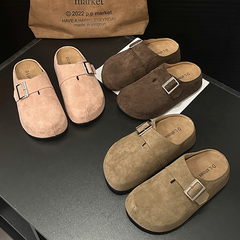 森系复古包头半拖鞋女2025新款春夏季厚底一脚蹬配裙子休闲凉拖鞋