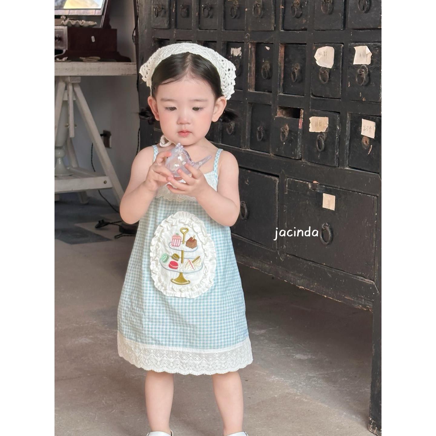 现货～jacinda女宝宝韩版格子连衣裙夏季洋气甜美蕾丝花边吊带裙