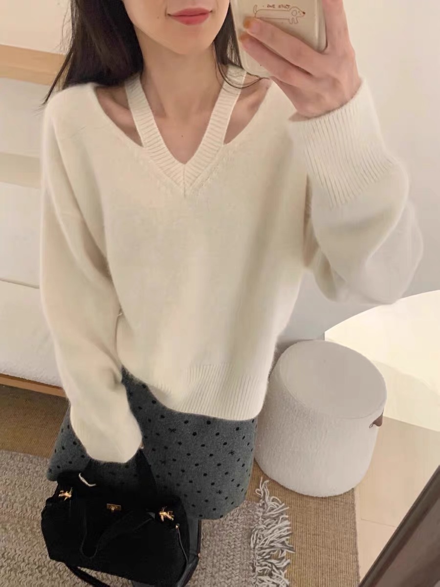 F132 宽松韩版慵懒风软糯毛衣女设计感小众针织衫休闲上衣