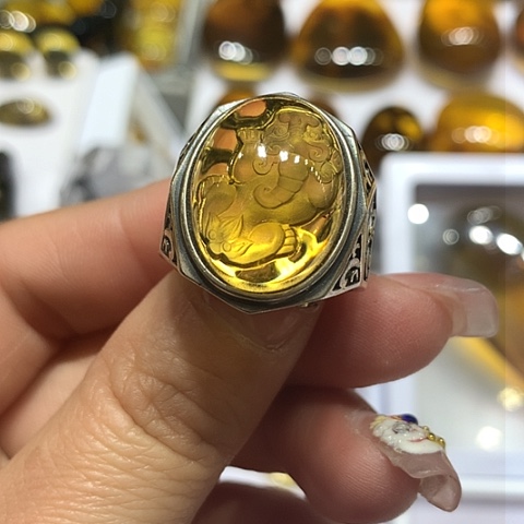 琥珀裸石银S925镶嵌貔貅戒指