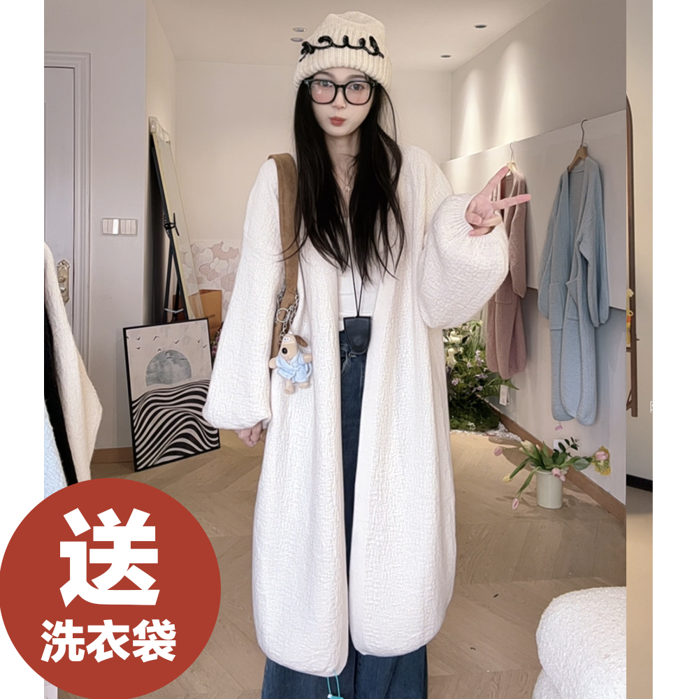 【加厚2斤多】2025秋冬新款泡泡袖长款针织外套毛衣开衫女慵懒风
