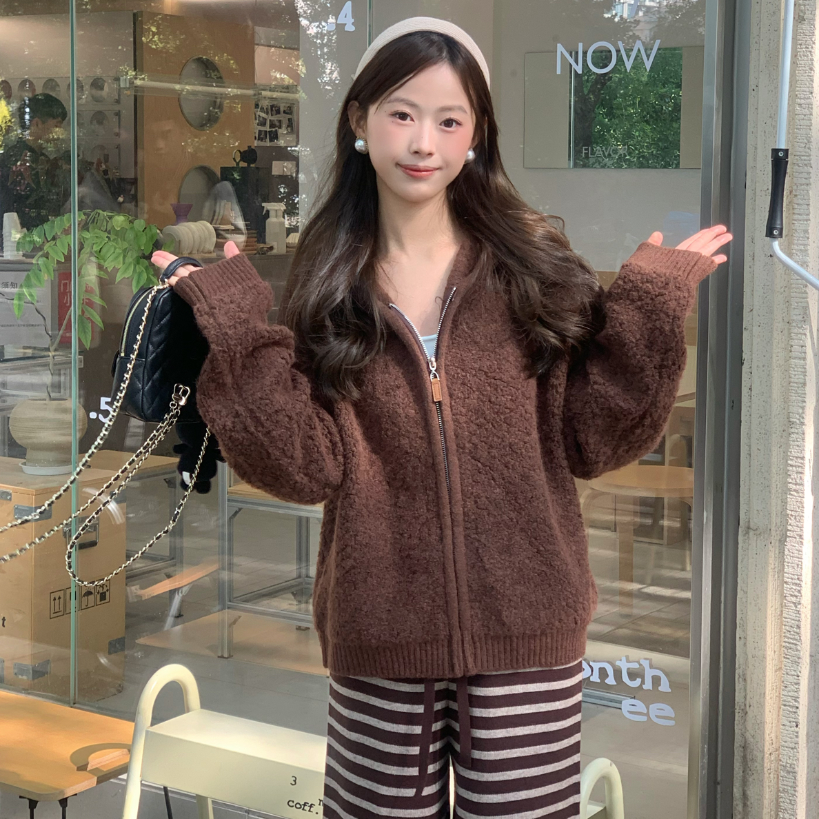 琪琪家 2025冬季新款韩版宽松显瘦百搭加厚连帽拉链毛衣外套女