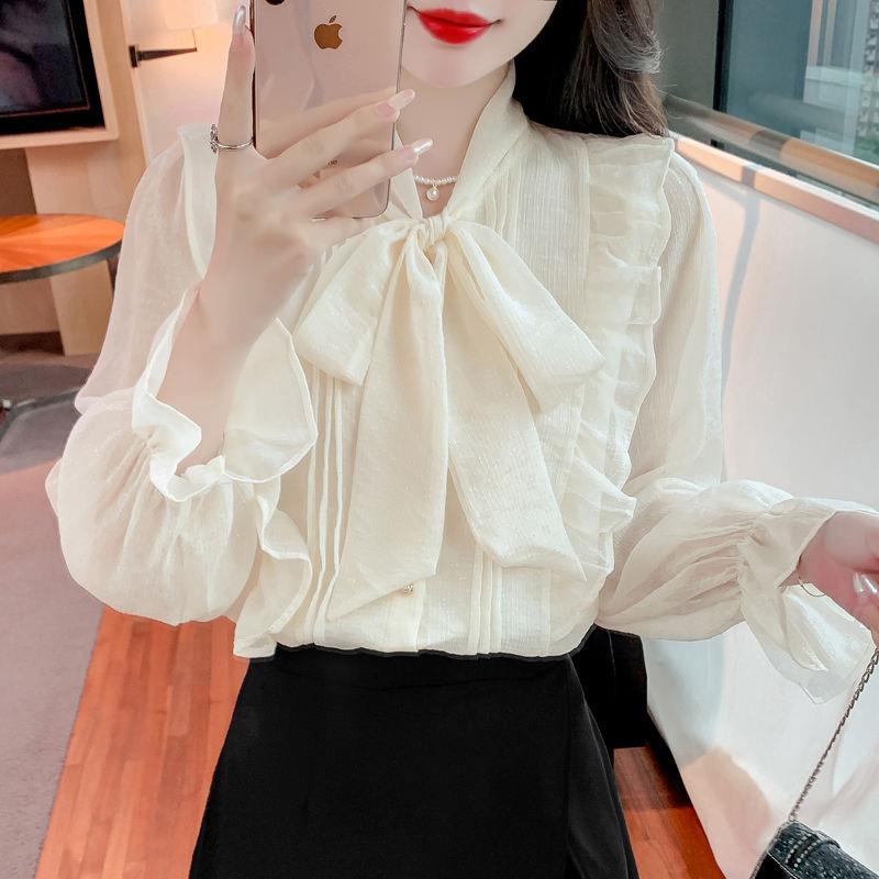 蝴蝶结衬衫女2025春夏季新款宽松甜美雪纺衫喇叭袖衬衣百搭上衣