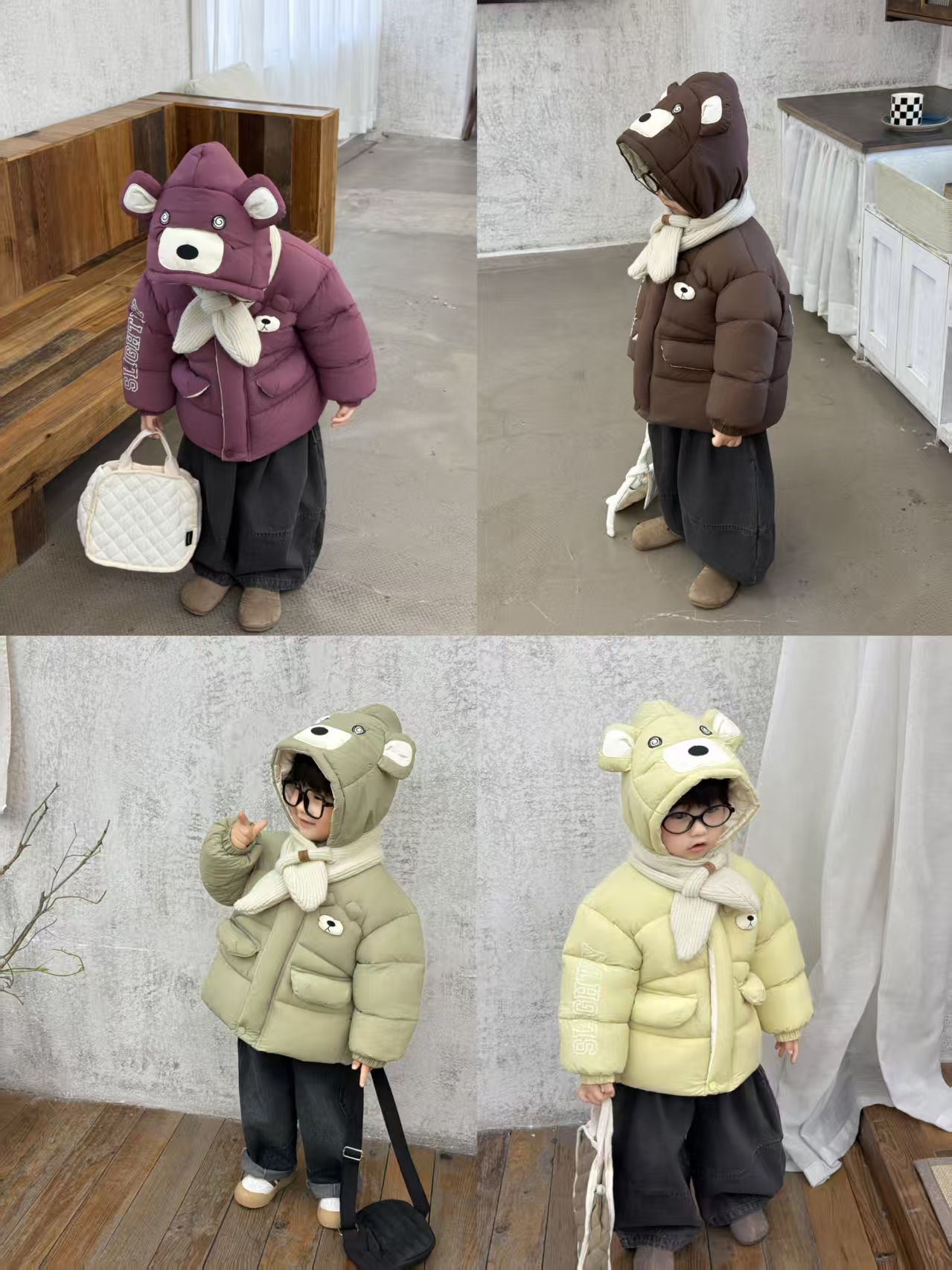 冬季卡通小熊围巾连帽时尚可爱百搭男童加绒棉服