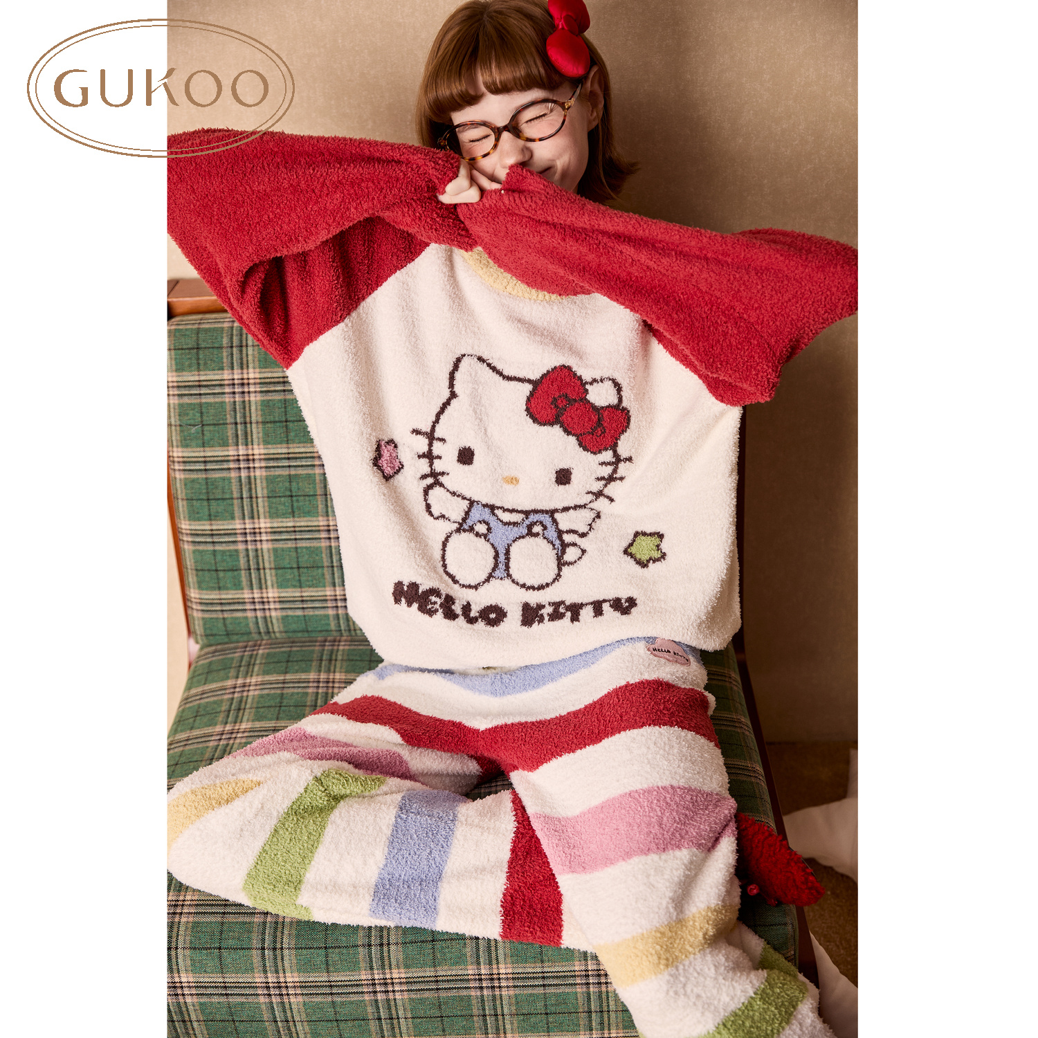 【Gukoo果壳】HelloKitty联名家居服套装红色雪尼尔保暖马卡龙色系