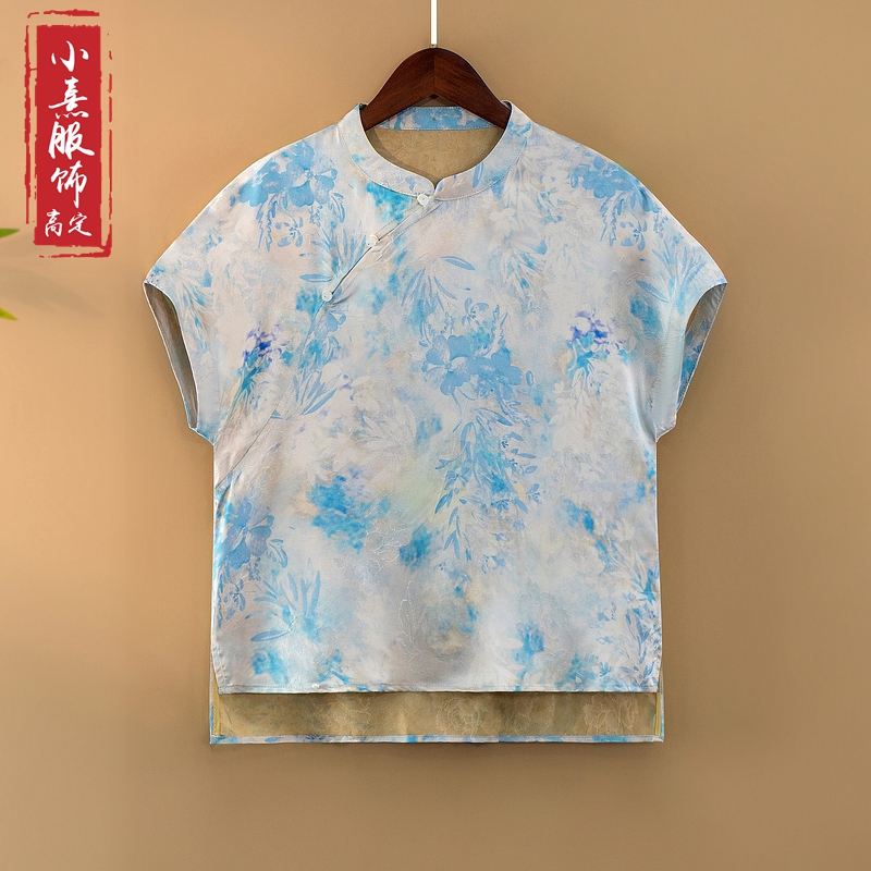 【莺蓝】夏季2025新款上衣小衫新中式女装国风立领提花人丝短袖衬衫