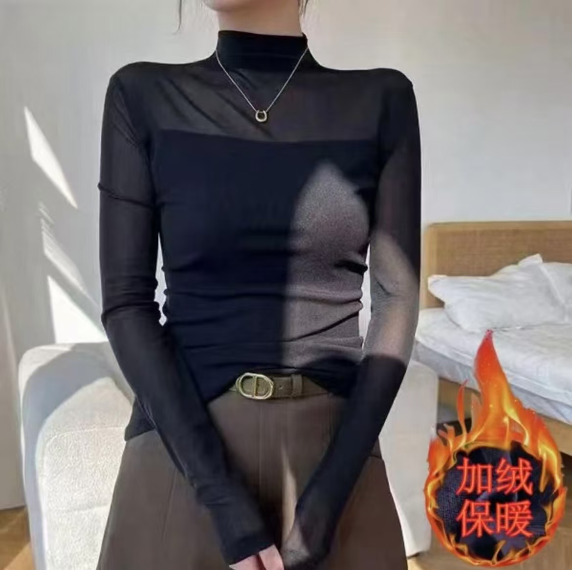 半高领网纱气质加绒打底衫女秋冬季百搭修身显瘦长袖T恤内搭上衣