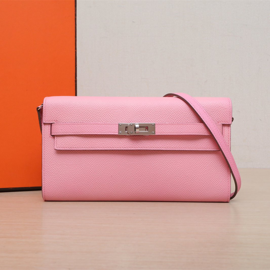 95新 Hermes/爱马仕 【小花双双】Kelly 奶昔粉 Y刻 银扣 斜挎包