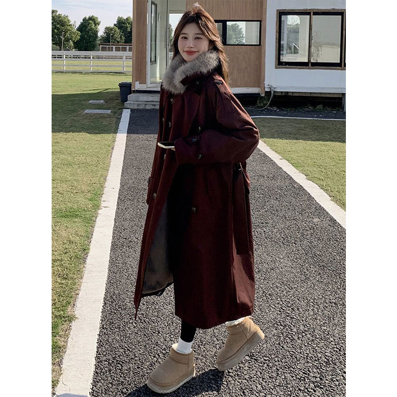300斤特大码女装复古安可拉红中长款加厚保暖大衣女胖mm百搭棉衣