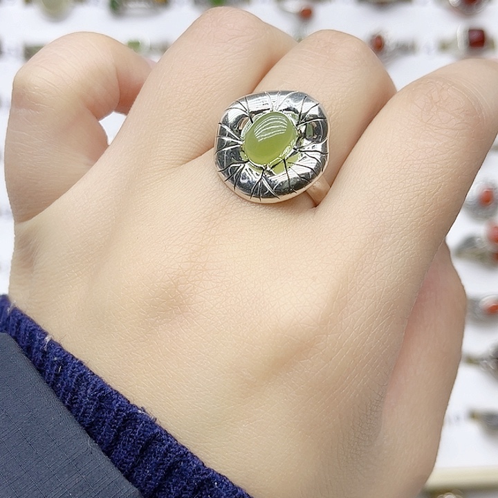 和田玉戒指银S925镶嵌天然