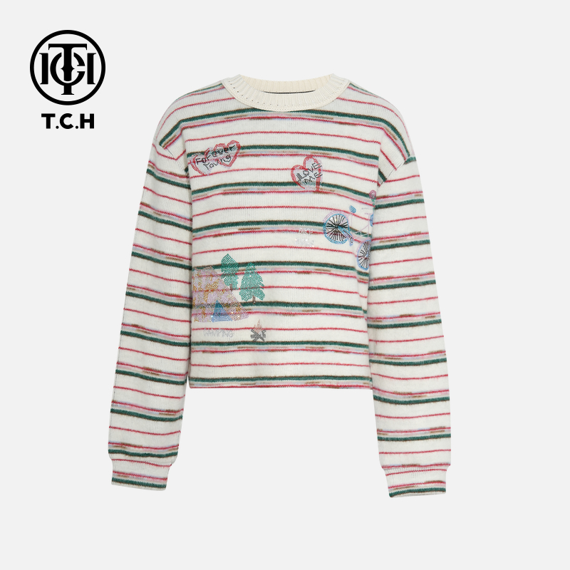 年终大促款TCH氛围感烫钻时尚淑女米色针织衫T75D09E1017