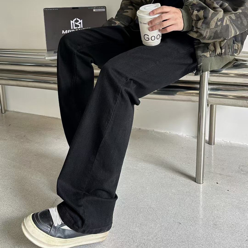 M秋季经典黑色青少年中性男女学生潮流修身微喇牛仔长裤