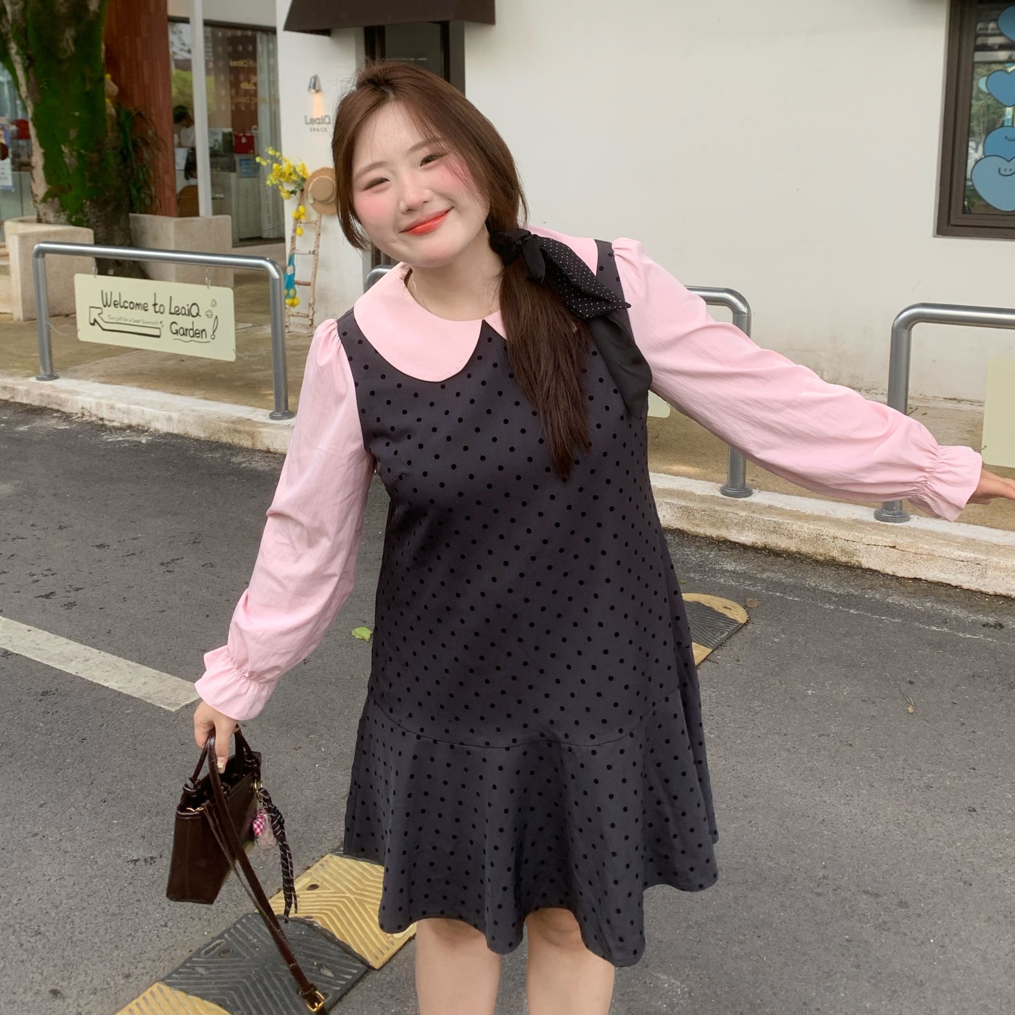 雯雯家大码胖mm长袖连衣裙女装定制灰粉色波点韩版秋季流行短裙