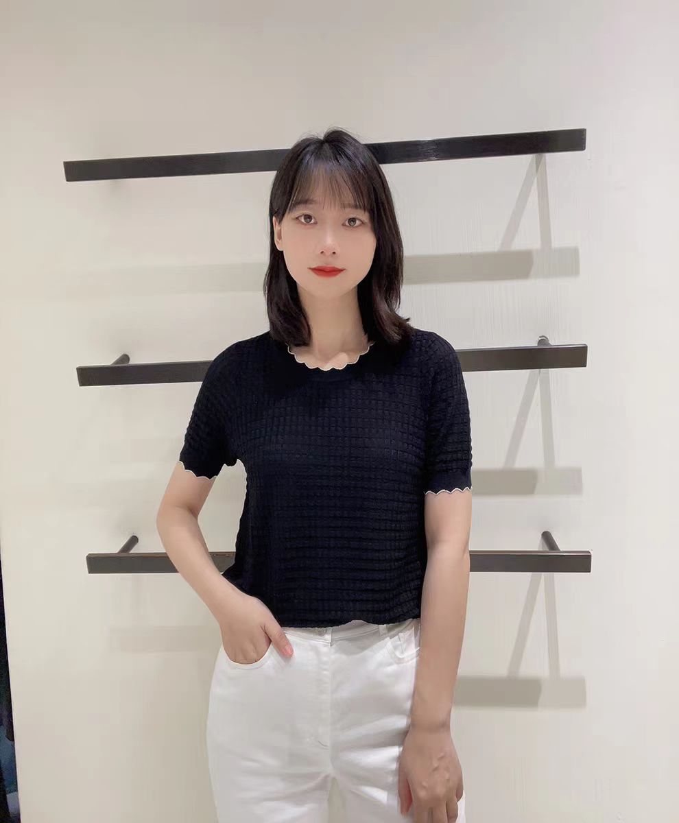 【商场同款】2025夏季新款圆领木耳边肌理感针织衫女短袖t恤上衣薄