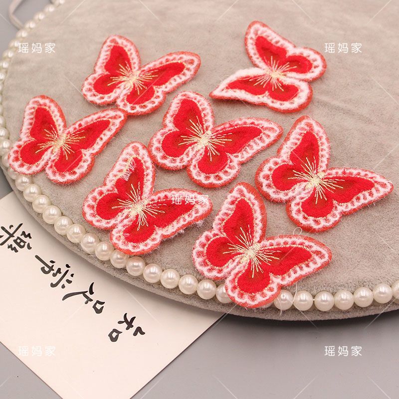 新款白毛边刺绣金线蝴蝶发饰材料diy手工蝴蝶结对夹发饰刺绣蝴蝶